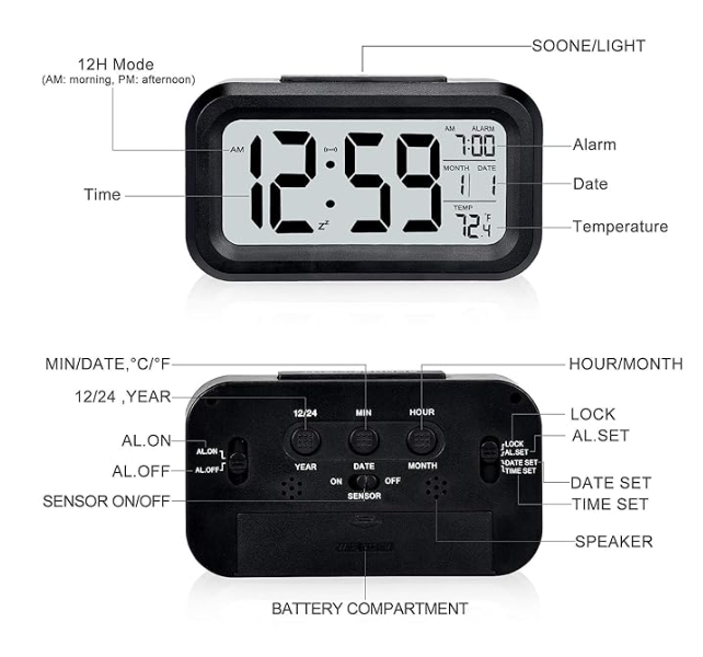 Digital Alarm Clock- Color: Black